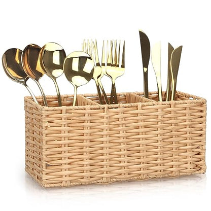 Flatware Silverware Caddy Party Cutlery Utensil Holder Organizer Counter | Plastic Silverware Holder Table Wicker Small Kitchen Utensils Holder for Countertop Fork Spoon Organizer Cutlery Caddy Basket