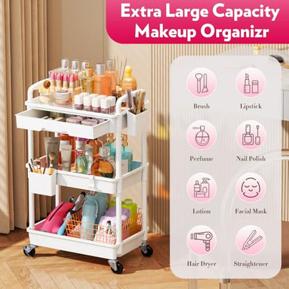SUNALLY Makeup Cart Organizer with Drawer,3 Tier Rolling Makeup Cart, White | Rolling Vanity Storage for Skin Care Perfume Nail Polish, Floor Skincare Organizers Cosmetics Display Bathroom Storage Cart