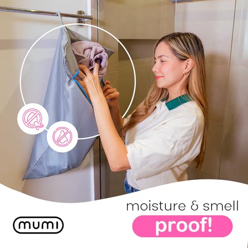MUMI Travel Laundry Bag - Moisture & Smell-Proof with Hanger, Black | Large dirty clothes organizer with outer pouch for suitcase, gym and packing; folding hanger included
