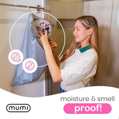 MUMI Travel Laundry Bag - Moisture & Smell-Proof with Hanger, Black | Large dirty clothes organizer with outer pouch for suitcase, gym and packing; folding hanger included