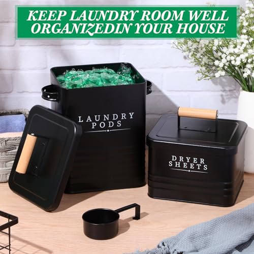 Yaocom 2 Pcs Laundry Pod Container with Dryer Sheet Holder Farmhouse Laundry Room Decor Organization and Storage Detergent Container Box with Lid Handle Metal Dryer Sheet Dispenser(Black)