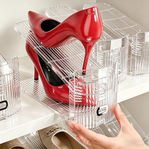 Shoe Stacker, Shoe Slot Organizer for Closet, Shoe Storage Rack | 12 Pack, Clear, 50% Space Saver, 3 Adjustable Height, Tool-Free Assembly, 30% Thicker, Superior Load Bearing