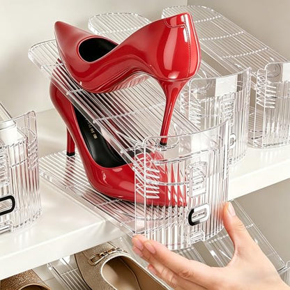 Shoe Stacker, Shoe Slot Organizer for Closet, Shoe Storage Rack | 12 Pack, Clear, 50% Space Saver, 3 Adjustable Height, Tool-Free Assembly, 30% Thicker, Superior Load Bearing
