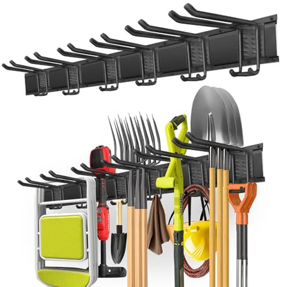 PIYILO 48 in Garage Tool Organizer Wall Mount, Adjustable Tool Storage Rack | Heavy-duty 360 LBS, Double-Layer Hooks, Wear & Tear Resistant, Soft Anti-Scratch Hook Sleeves, For Yard Tools, Shovels, Shed