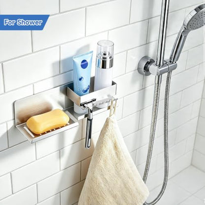 Bar Soap Holder for Shower Wall, Adhesive Soap Dish, Silver | Self-draining Soap Tray for Bathroom, Stainless Steel Soap Stand, with Baffle & 5 Hooks for Loofah, Razor, Toothbrush