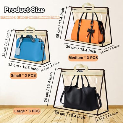 9Pack Dust Bags for Handbags,3 Sizes Clear Purse Storage Organizer | Transparent Handbag Storage,Purse Protector Storage Bag,Purse Cover Hanging Closet Organizer with Zipper Handles