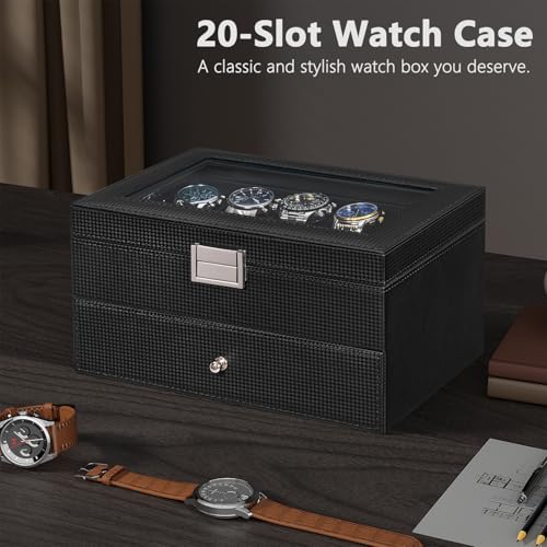 BEWISHOME Watch Case, 20-Slot Watch Box Organizer with Large Glass Lid | Watch Cases for Men with Removable Watch Pillows, Synthetic Leather, Watch Storage Box, Watch Display Case, Black SSH04C