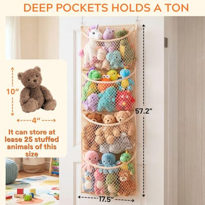 Cotton Over The Door Stuffed Animal Storage | Toy Organizer for Storage Plush Toys, Stuffed Animal Holder with 4 Large Pockets, Hanging Door Organizer for Nursery