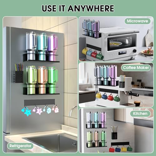 POLRAI 4 Pack Magnetic Cup Holder for Refrigerator, Water Bottle Organizer for Stanley and Tumbler, Accessory with Lid Hook Straw Holder and Double Sided Tape for Kitchen Fridge Cabinet