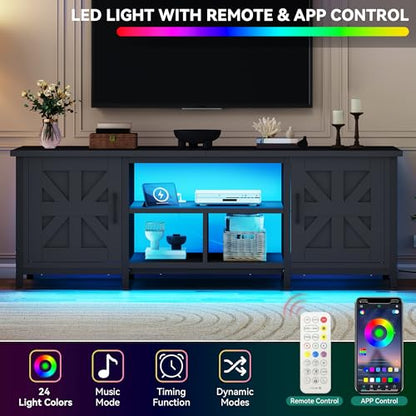 YITAHOME Farmhouse TV Stand with LED Lights & Charging Station, Black | Entertainment Center with Storage Cabinets & Shelves, Cross-Pattern Doors, Fits TVs up to 70'', TV Consoles for Living Room