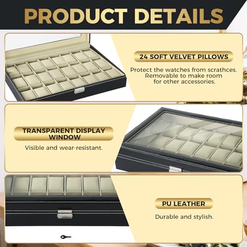 NATGAI Watch Box 24 Slots, Elegant Watch Display Case Glass Top (Beige) | PU Leather Watch Storage Box with Removable Cushion, Lockable Watch Holder Organizer for Men & Women