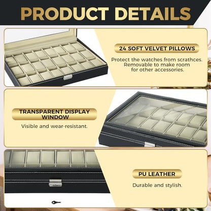 NATGAI Watch Box 24 Slots, Elegant Watch Display Case Glass Top (Beige) | PU Leather Watch Storage Box with Removable Cushion, Lockable Watch Holder Organizer for Men & Women