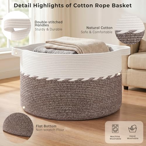 OIAHOMY 90L Extra Large Blanket Basket - Decorative Cotton Rope Storage Basket for Bedroom, Living Room & Nursery - Woven Laundry Hamper for Organizing Blankets, Clothes & Toys - Brown & White