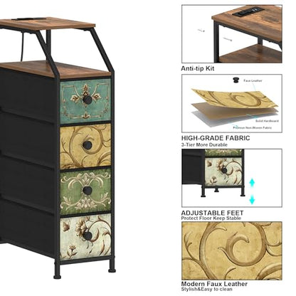 Narrow Dresser Tall Skinny Storage Tower Vertical Slim Chest of Drawers with Charging Station Small Nightstand Side Table for Bedroom, Bathroom, Small Spaces (Retro Flower, 4 Drawers)