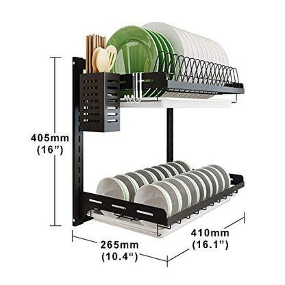 junyuan Kitchen Dish Rack,Hanging Dish Drying Rack Organizer Storage Shelf Over Sink,2 Tier Wall Mount Bowl Holder with Drain Tray and Silverware Stainless Steel Black Coating Ajustable Height