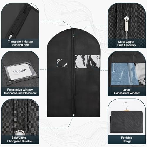 43" Black Garment Bags for Hanging Clothes Storage and Men Travel with Car, Hanging Suit bag Cover with Zipper, Clear Window and Name Tag for Shirt, Jacket, Suit, Coat (5 PACK)