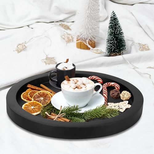 Black Wooden Decorative Trays for Kitchen Counter Living Room Centerpiece | Round Ottoman Coffee Table Tray Rustic Farmhouse Dinner Table Decor Accessories Wood Candle Plate Holder Bathroom Vanity Tray