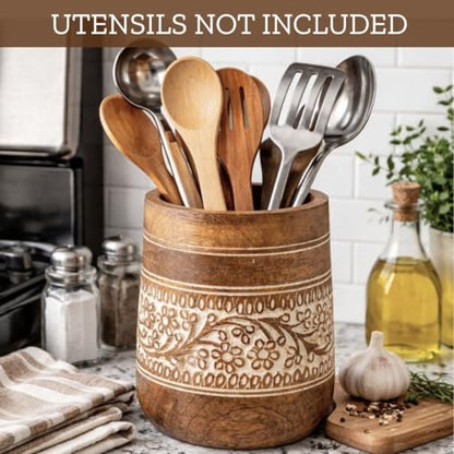 Mie Creations Farmhouse 7'' Large Wooden Utensil Holder, White Floral | Natural Mango Wood, Handcrafted Design, Cooking Spatula Organizer for Kitchen Counter, Holds 15 Utensils, Christmas Decor