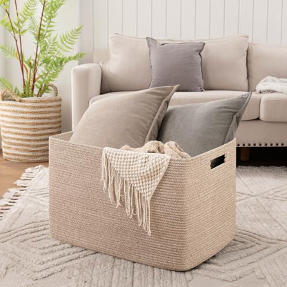 OIAHOMY 118L XXXLarge Cotton Rope Storage Basket, Oversized Blanket Basket, Used for Organizing Dirty Clothes in Living Room, Bedroom, Nursery, Dog Toy Storage Bins, 25" x 17" x 16",Brown variegated