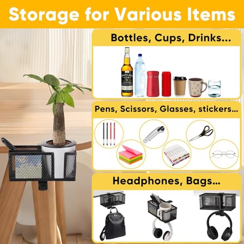 4 in 1 Metal Clip On Cup Holder Attachment for Gaming Desk or Table, Fits up to 40oz Cups, Sturdy and Easy to Clamp, Attachable Anti-Spill Cup Holder for Chair, Bedside, Bottles, Drinks - Black