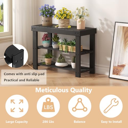 Sweetcrispy 3-Tier Shoe Rack Bench for Entryway, 27 Inches, Black | Bamboo Shoe Storage Bench, Shoes Rack for Entrance, Bedroom, Living Room, Balcony, 6 Pairs, 286lb Capacity