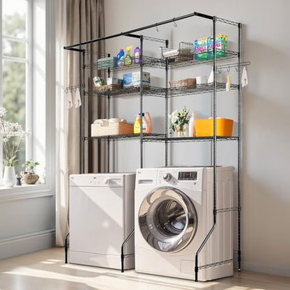 VEVOR Over Washer and Dryer Storage Shelves, 6 Tiers Laundry Room Drying Rack with Hanger Rod and Hooks, Two Rows Adjustable Washer Shelves Space Saver, for Laundry Room Storage & Organization, Black