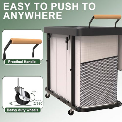 Laundry Hamper 3 Section,230L (60Gal) Rolling Dirty Clothes Hamper White | Laundry Basket with Wheels & Lid,Laundry Organizer Storage Cart with Metal Frame and Wooden Handle for Laundry Room, Hotel
