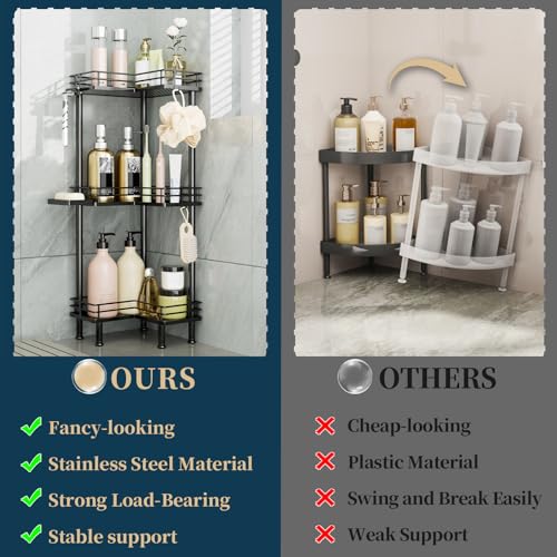 Corner Shower Caddy Standing - 3-Tier Stainless Steel Shower Organizer with Soap Holder and 4 Hooks, Large Capacity Corner Shelf Stand for Bathroom, Rest Room, Black