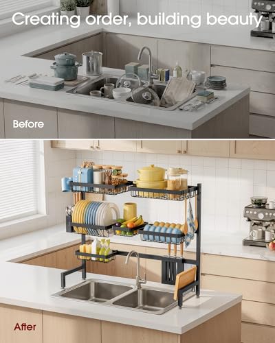 Dish Drying Rack - Over The Sink Dish Drainer Drying Rack with Utensil & Knife Holder, Hooks, Stainless Steel Kitchen Organizers and Storage Solution, 11.8" D x 31.5"~39.0''W x 30" H, Black