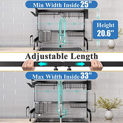 Over The Sink Dish Drying Rack, Adjustable 25.5-33.5 in, 2-Tier, Black | All-in-One Large Capacity, Snap-On Design for Flexible Use, Strong Metal Frame, Non-Slip Feet, Fits Sinks Up to 33" W