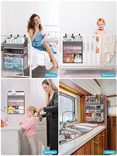 Hanging Diaper Caddy Organizer Crib Organizer–Spacious Baby Girl/Boy Nursery Storage Organizer for Changing Table, Playpen/Wall- Hold 90+ Diaper (Grey)
