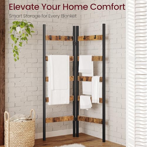 Foldable Blanket Ladder, 5-Tier Ladder Shelf, Decorative Ladder with 5 Removable Hooks, Wall-Leaning Blanket Holder for Towel, Scarves, Quilt Display Rack for Living Room, Rustic Brown