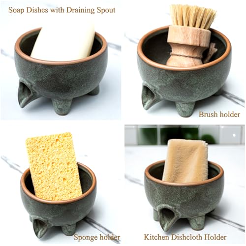 Soap Dish with Drainage, Ceramic Self Draining bar Soap Holder | Soap saver for shower, bathroom, kitchen sink, countertop. Keeps bar dry & lasts longer. Round Avocado Green