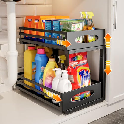 Under Sink Organizer, 2 Tier Under Sink Organizers and Storage, Adjustable Height, Slide out Metal Cabinet Organizers, Pull out Cabinet Storage Drawer Shelf for Kitchen Bathroom (Black, 1 Pack)