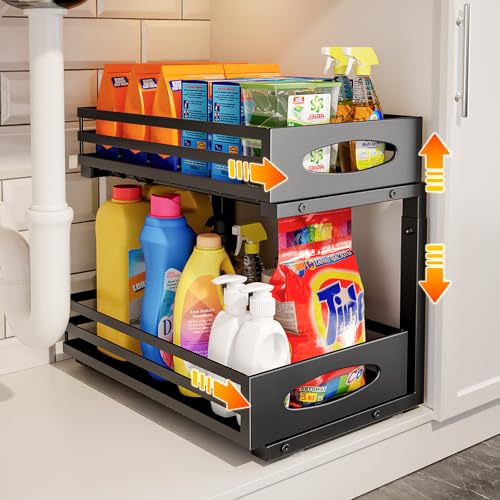 Under Sink Organizer, 2 Tier Under Sink Organizers... (Black | Carbon Steel)