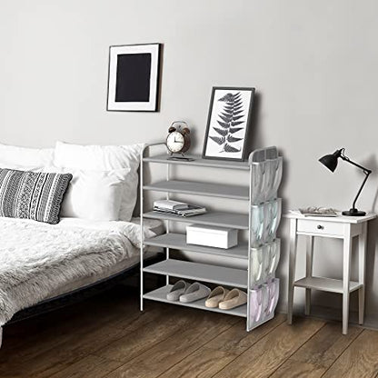Simple Houseware 6-Tier Shoe Rack Organizer w/Side Hanging Pockets, Grey | Holds 18–28 Pairs, Tall Shoe Storage for Closet, Entryway, or Garage