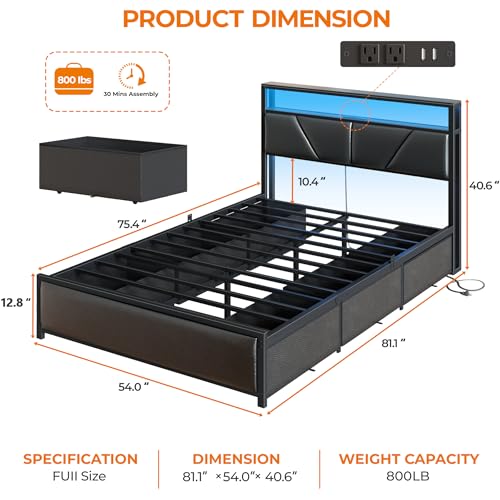 Full Size Bed Frame with Storage Headboard, 6 Drawers, LED&Charging