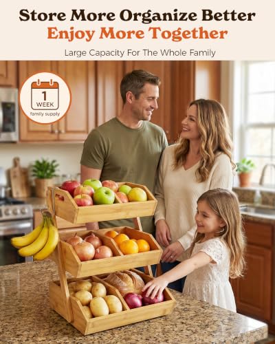 3-Tier Bamboo Fruit Basket with 2 Banana Holders | Large tiered organizer for bread, snacks, veggies. Sturdy bamboo, includes mats & dividers. Easy to assemble.