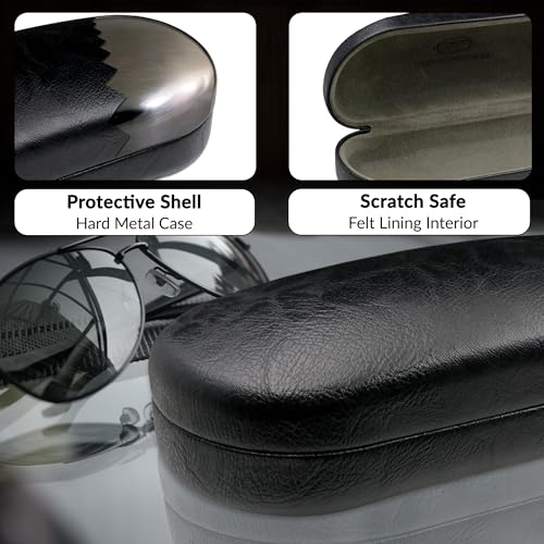 Large Sunglasses Case - Hard Glasses Case Holder w/Pouch & Cloth - Eyeglass Case Aviator Frames Men & Women