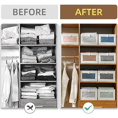 Pradnel Linen Closet Organizers And Storage, 4 Pack Storage Bins Baskets for Organization Foldable Organizer with Clear Window Organizing Clothing, Jeans, Shelves