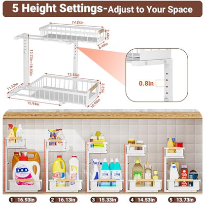 2 Pack Under Sink Organizer, 2 Tier Pull Out Cabinet Organizer with 5-Level Adjustable Height, Sliding Metal Storage Rack for Kitchen Bathroom Pantry, White