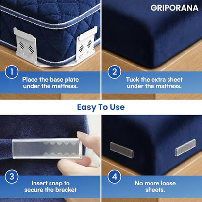 Bed Sheet Holders for Corners - Non Slip Mattress Sheet Gripper - Universal Sheet Holders - No Damage Bedding Holder - Strong 55kg Hold - Easy One-Time Installation - White Sheet Tucker Included