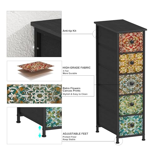 GiftGo Retro Skinny Dresser with Fabric Drawers Thin Slim Boho Mandala Flower Chest of Drawers Narrow Storage Tower for Small Spaces Gaps Bedroom Beautiful Nightstand Living Room Table