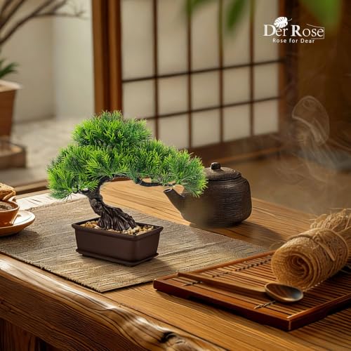 Der Rose 2Pcs Paired Fake Bonsai Tree Set Fake Plants for Shelf Desk Decor | 8" artificial bonsai tree set with varied canopies and pebble bases; paired display adds balance to home japanese asian decor