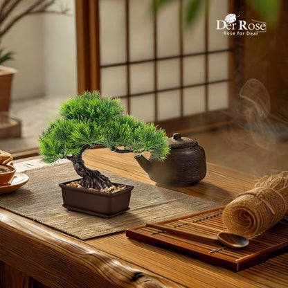 Der Rose 2Pcs Paired Fake Bonsai Tree Set Fake Plants for Shelf Desk Decor | 8" artificial bonsai tree set with varied canopies and pebble bases; paired display adds balance to home japanese asian decor