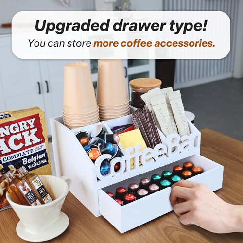 Coffee Bar Organizer Countertop,Wood Coffee Station with Drawer,Home&Office | K-Cups, Tea Bags, Sugar Packets & Creamers