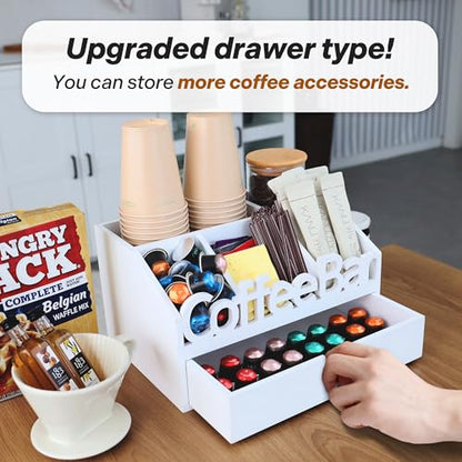 Coffee Bar Organizer Countertop,Wood Coffee Station with Drawer,Home&Office | K-Cups, Tea Bags, Sugar Packets & Creamers