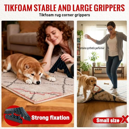 Rug Non Slip Grippers, Reusable Rug Tape, No Damaging for Floor, Carpet Corner Stickers for Hardwood Floors and Tiles, Strong Hold Carpet Gripper for Area Rugs, 8Pcs