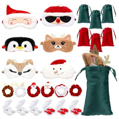 Chicingyou 6 Set Christmas Sleep Mask with Satin Travel Bag Eye Mask Gift for Christmas Elastic Scrunchie Ear Plugs Plush Eye Cover Cartoon Animal Blindfold for Xmas Party Favor Home Bed Traveling