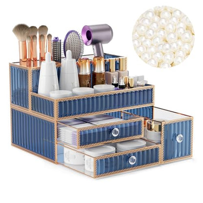 Youdepot Blue Tempered Glass Makeup Organizer | Multipurpose vanity organizer for cosmetics, skincare, hair tools, brushes, perfume and bathroom countertop storage